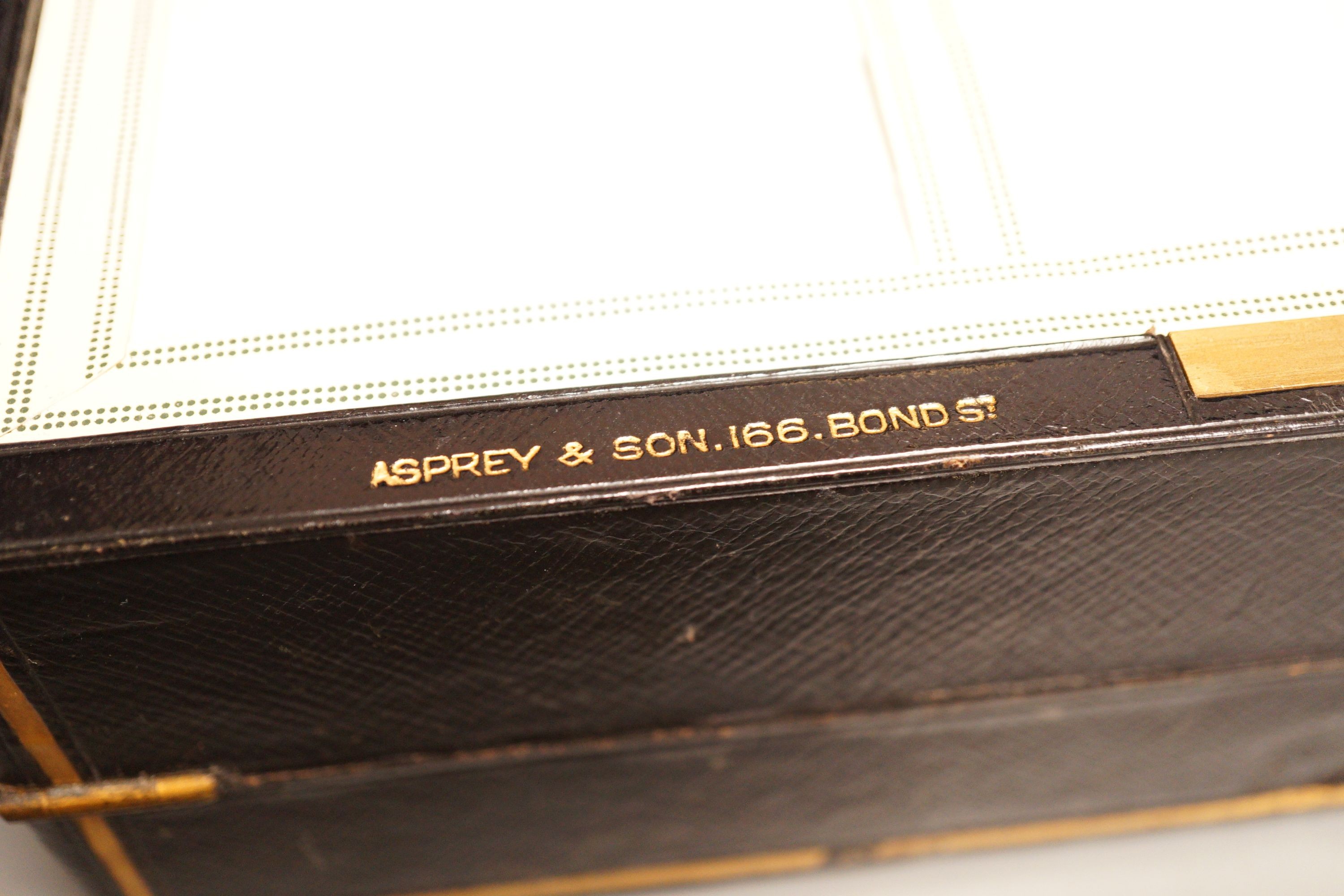 An Asprey & Son Morocco leather clad travelling writing box, 31 cm wide